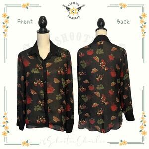 METAPHOR Womens Size L Floral Black Button Down Semi-Sheer Blouse Beaded Collar